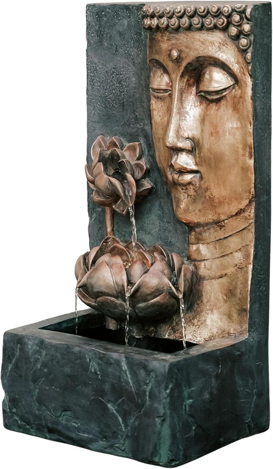 XBrand 30' H Zen Buddha Face Water Fountain w/LED Light & Pump, Indoor/Outdoor Freestanding, Relaxing Zen Décor, Bronze and Natural Grey Polyresin Fountain for Home Patio Garden Backyard