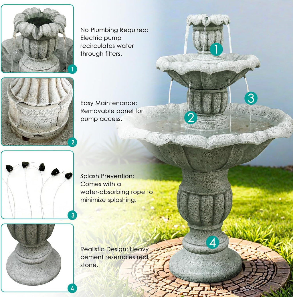 SunJet 39.3' High Modern Concrete Outdoor Water Fountain - 3 Tiered Large Floor Water Fountain and Waterfalls with Electric Pump for Garden, Patio, Yard, and Deck Decor, Featuring Natural Stone Look
