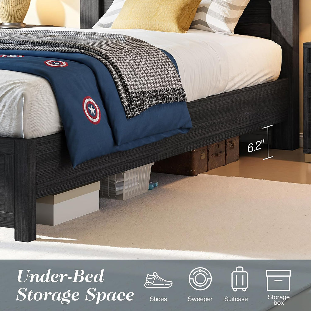 Albott Farmhouse Twin Platform Bed with 49' Fluted Headboard, Wood Bed Frame with Natural Grain Finish, No Box Spring Needed, Noise-Free, Black