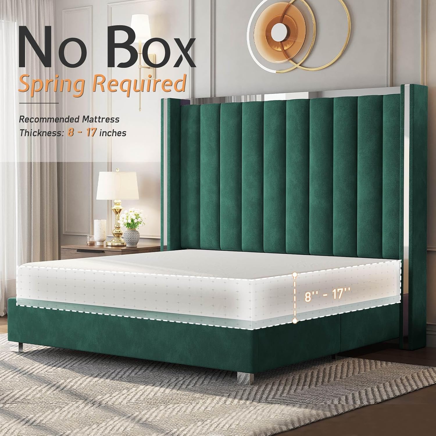 Jocisland Bed Frame with 58' Tall Headboard, Platform Velvet Upholstered Bed with Channel Tufted Wingback Headboard and Plating Trim, No Box Spring Needed, Green, Queen