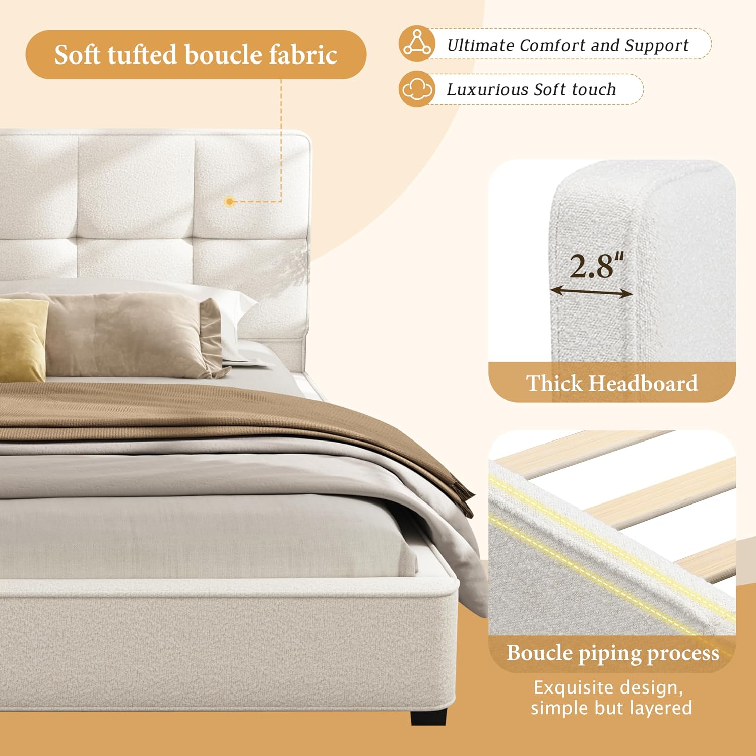 JIVOIT King Size Platform Bed, Boucle Upholstered Platform Bed with Curved Tufted Headboard, Soft Square Corners, Wood Slats Support, No Box Spring Needed