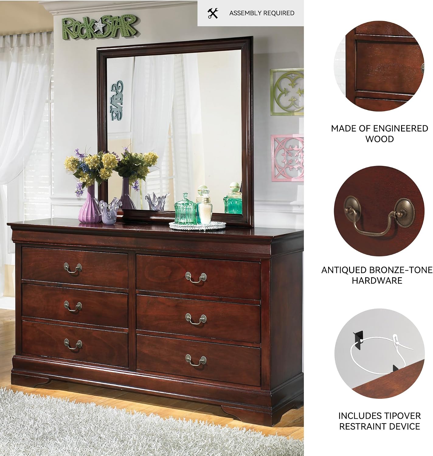 Signature Design by Ashley Alisdair Traditional 6 Drawer Dresser, Dark Brown