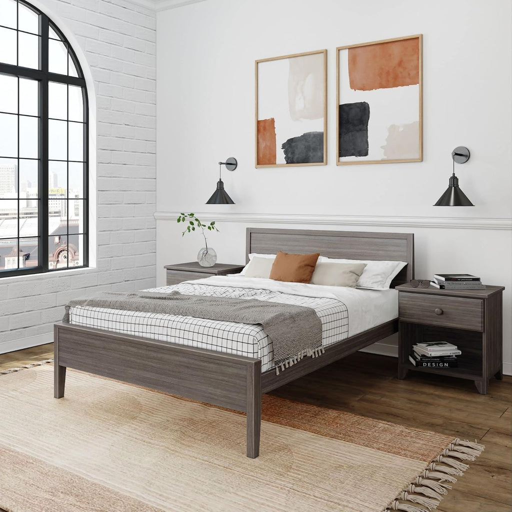 Plank+Beam Solid Wood Full Bed Frame with Panel Headboard, Modern Full Platform Bed with Wood Slat Support, No Box Spring Needed, Clay