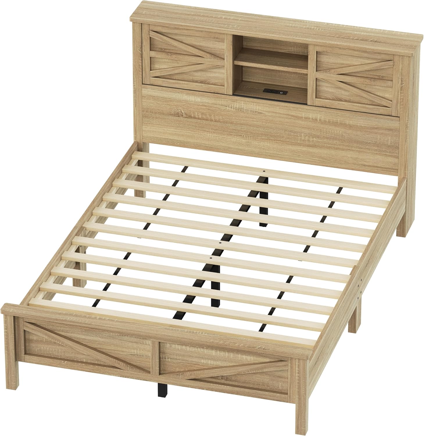 Farmhouse Bedroom Set 3 Pieces, Queen Size Wood Platform Bed Frame, Nightstand and Dressing Table, Queen Bedframe with Double Sliding Door Headboard and Charging Station (Natural, Queen)