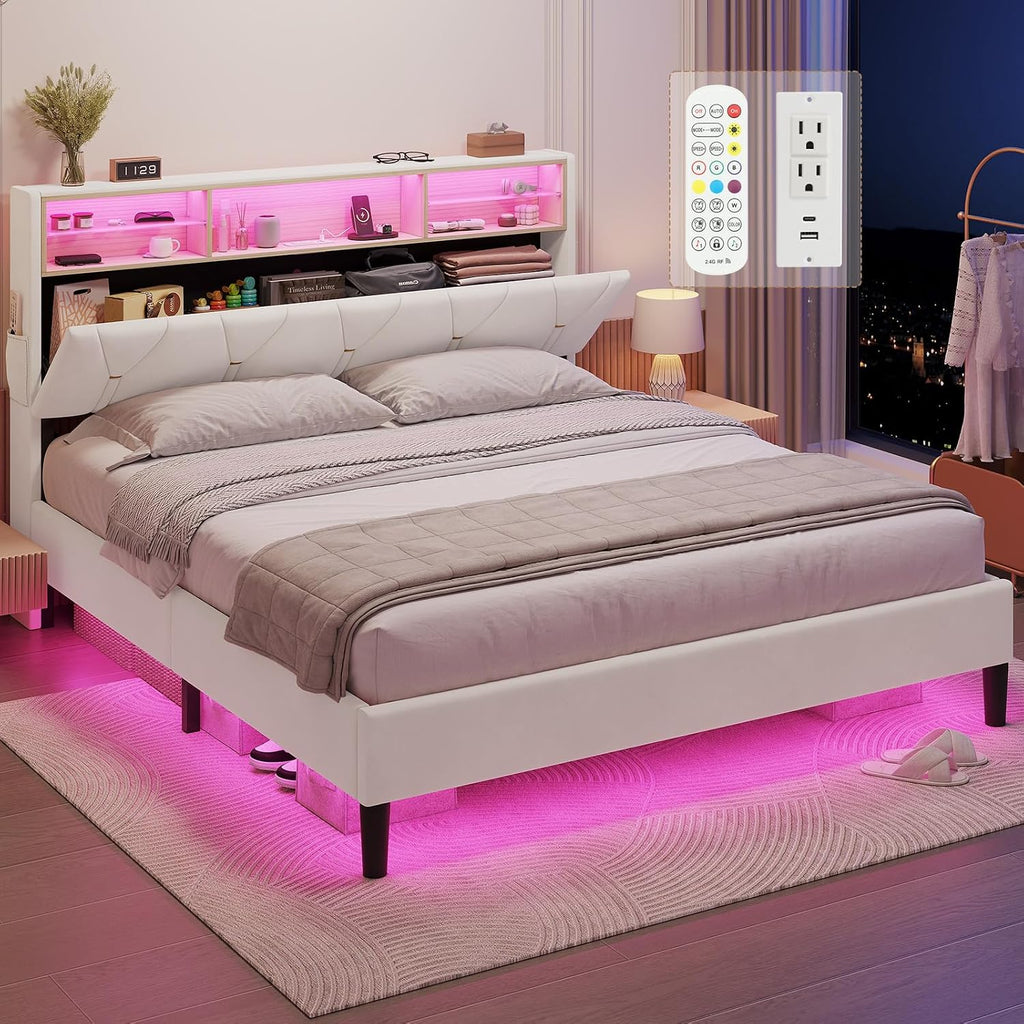 HAUOMS Queen Bed Frame with Storage Headboard and RGB LED Lights, Velet Upholstered Platform Bed Frame Queen Size with Type-C & USB Charging Station, Stable Easy Assembly,Creamy White