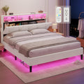 HAUOMS Queen Bed Frame with Storage Headboard and RGB LED Lights, Velet Upholstered Platform Bed Frame Queen Size with Type-C & USB Charging Station, Stable Easy Assembly,Creamy White