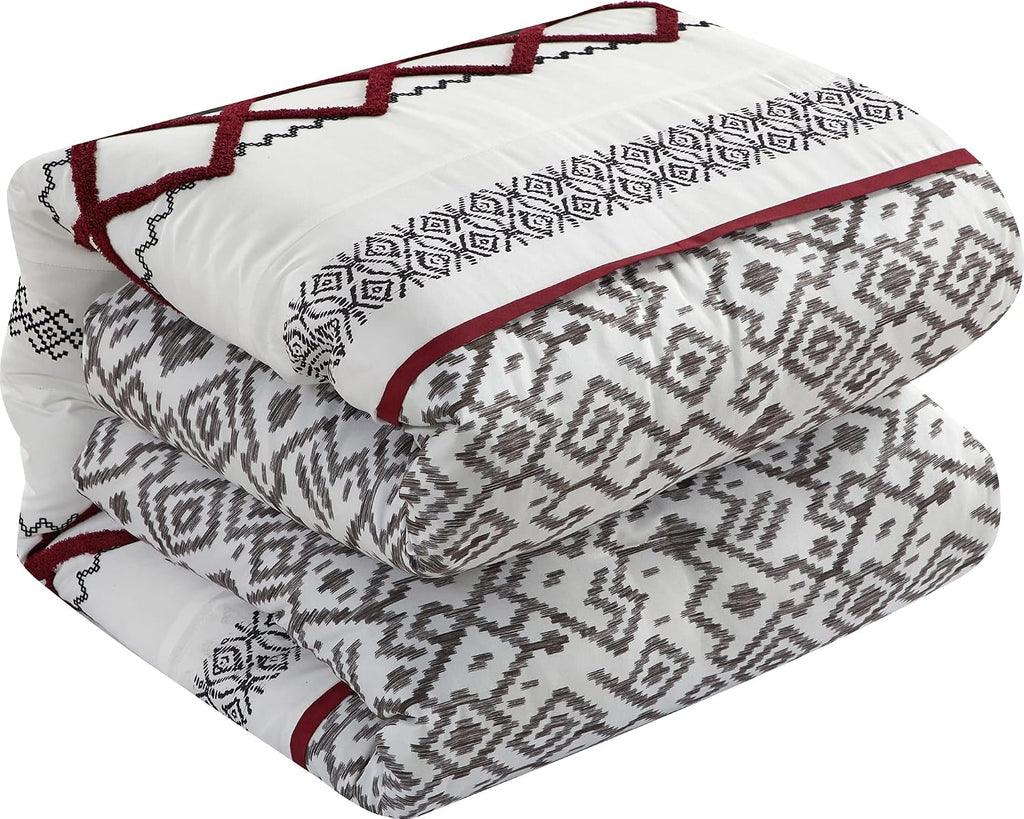Grand Avenue White Red Comforter Set Queen Size, 7 Piece Terry Embroidery All Season Bedding Set, Bedskirt, Pillows & Shams