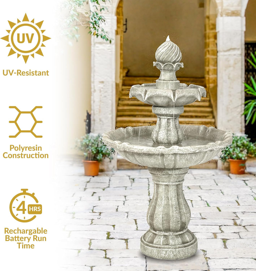 Sunnydaze 35' Solar 2-Tier Outdoor Water Fountain - Garden Water Feature with Battery Backup and Pump - White