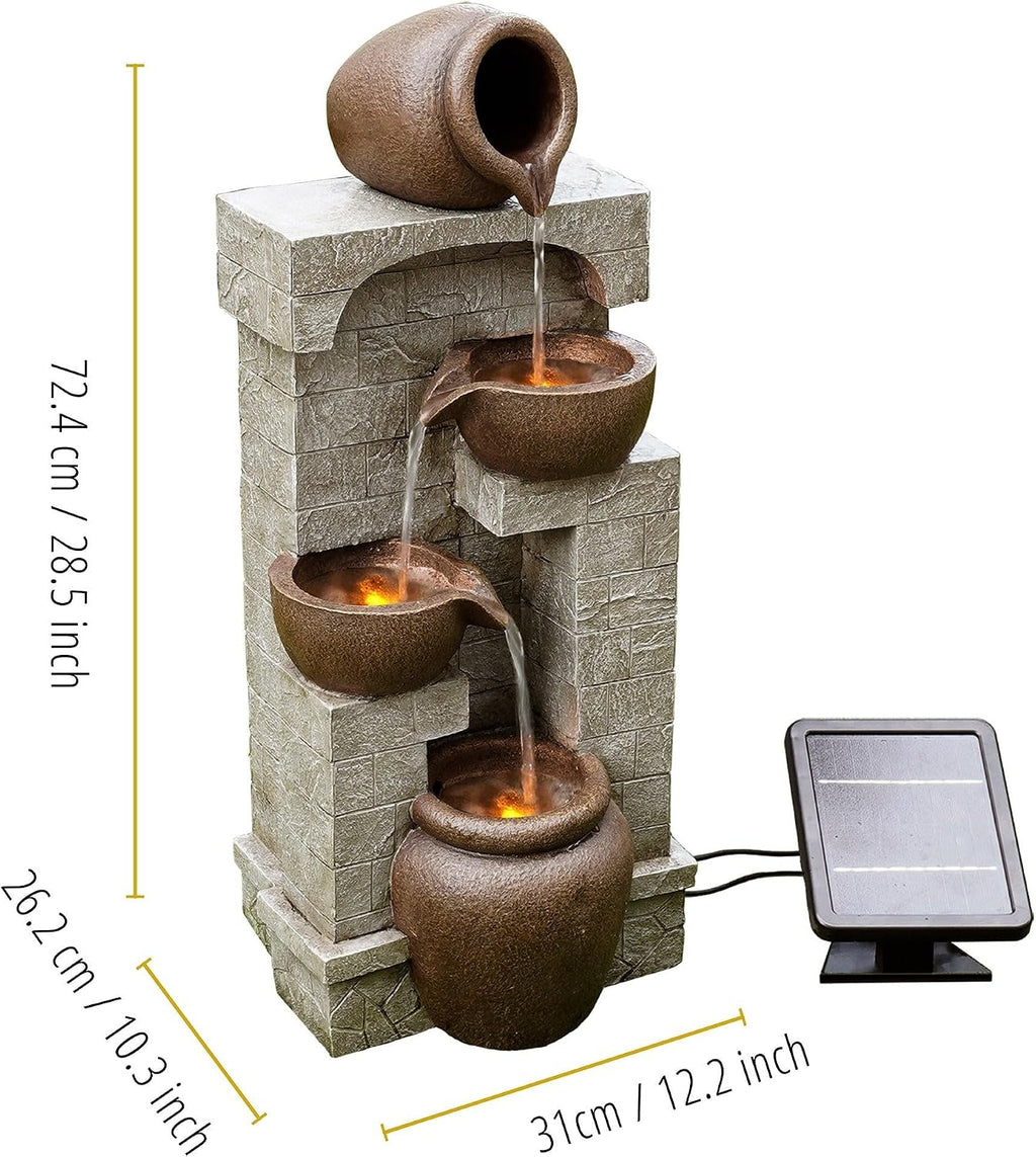 Teamson Home 28 in. Cascading Bowls and Stacked Stones LED Outdoor Water Fountain for Outdoor Living Spaces to Create a Calming Oasis in Gardens and Landscaping, on Patios, Balconies, Lawns, Brown