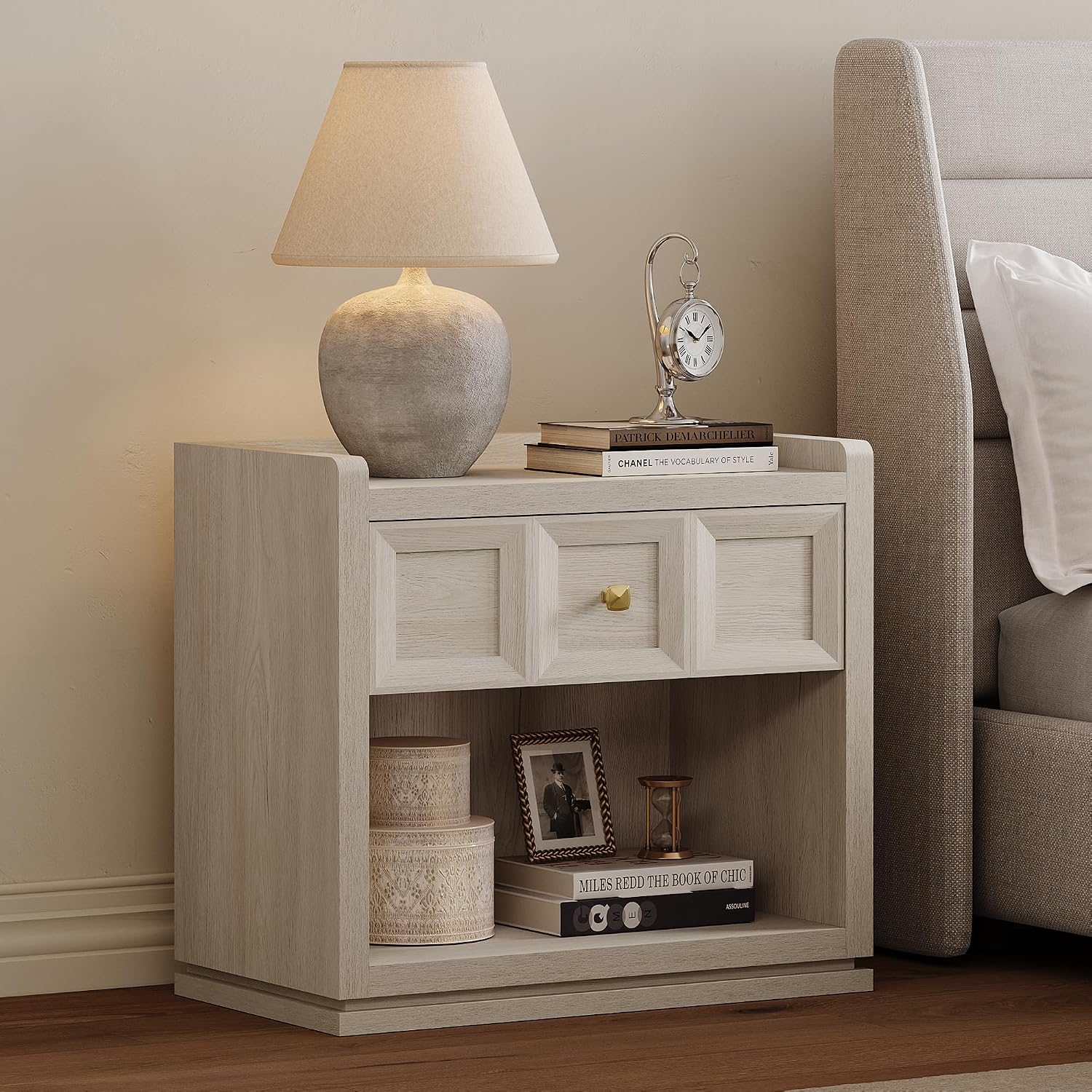 SICOTAS Night Stand Set 2, 26' Wide Nightstands with Drawer, Large Queen Size Nightstands Set of 2, Modern Bedside Table for Bedroom, Side End Table, Grey White Oak