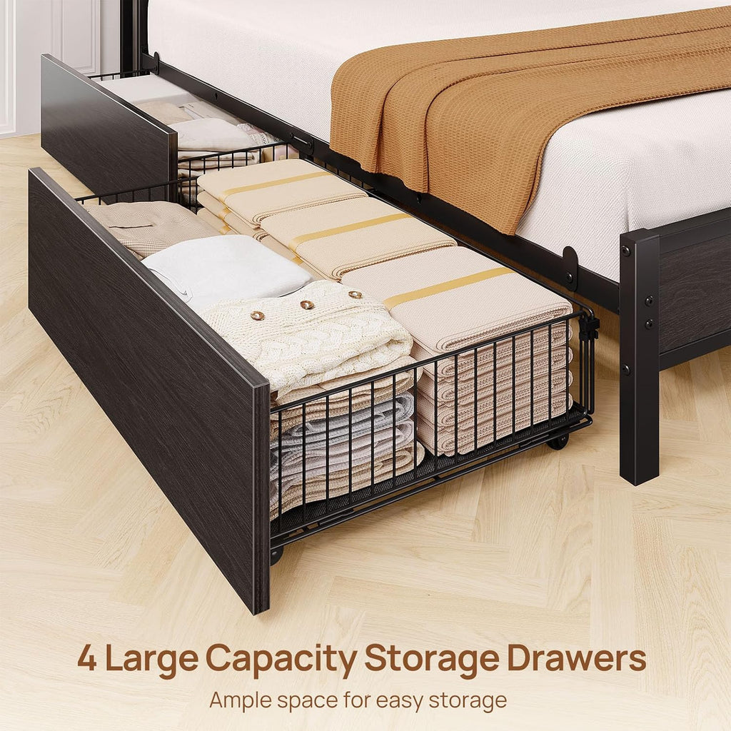Rolanstar Bed Frame Queen Size with Charging Station and LED Lights, Upholstered Storage Headboard with Drawers, Heavy Duty Metal Slats, No Box Spring Needed, Easy Assembly, Black