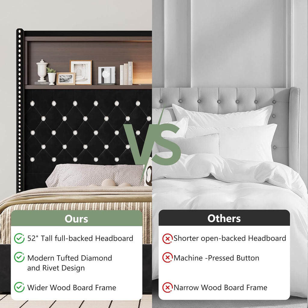 JIVOIT Full Size Bed Frame with Storage, Velvet Tufted Soft Bed Frame with 52'' High Headboard with Rivet Decoration, Wing-Back Platform Bed with Headboard Shelf, No Box Spring Needed (Black,Full,42)