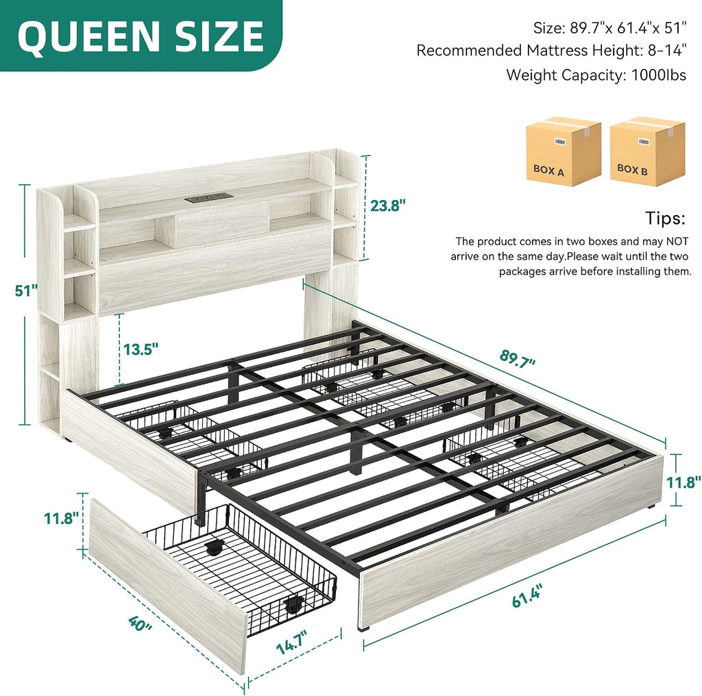 DWVO Queen Size Bed Frame with Bookcase Headboard and 4 Storage Drawers, RGB LED Bed Frame with Type-C & USB Charging Station Storage Headboard Bed, No Box Spring Needed, Noise Free, Antique White