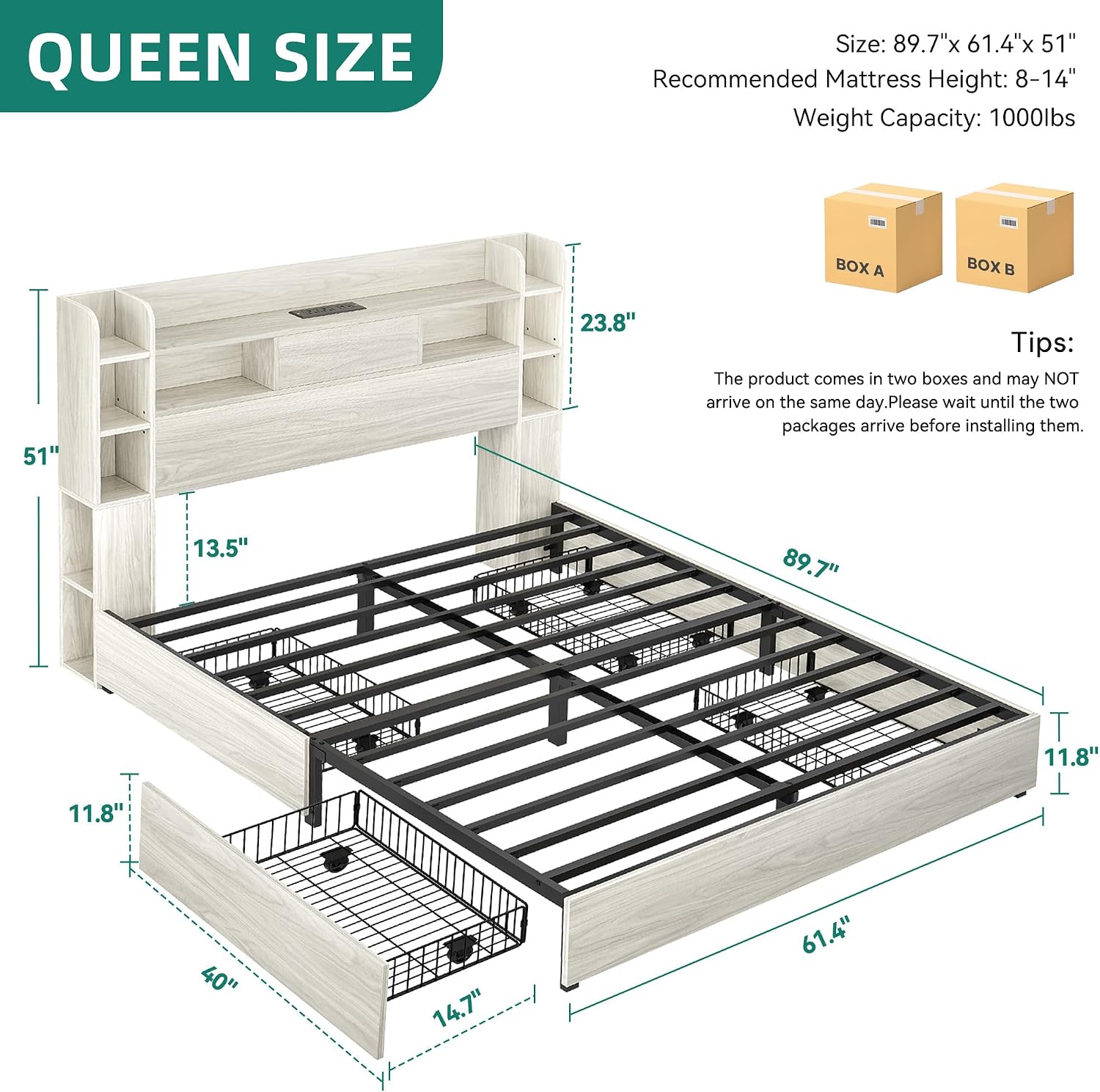 DWVO Queen Size Bed Frame with Bookcase Headboard and 4 Storage Drawers, RGB LED Bed Frame with Type-C & USB Charging Station Storage Headboard Bed, No Box Spring Needed, Noise Free, Antique White