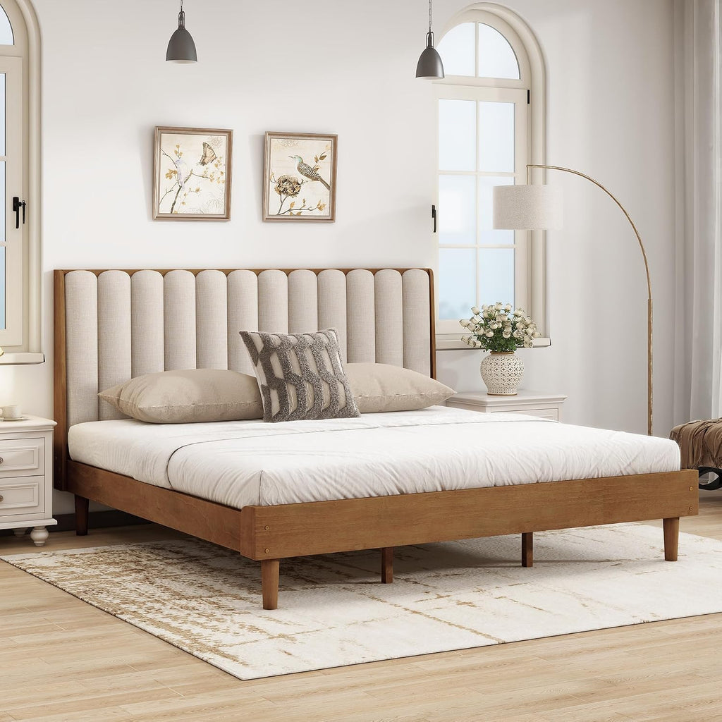 JIVOIT King Size Platform Bed with Piano Key Style Upholstered Headboard, Wood Bed with Strengthened Bed Frame, Wood Slats Support, No Box Spring Needed
