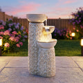 28' H Ceramic Outdoor Water Fountain with LED Lights, 3-Tier Cascading Bowls Water Feature, Tranquil Waterfall for Relaxing Garden, Patio, Yard, or Porch, Beige Glaze, Embossed Leaf Patterns