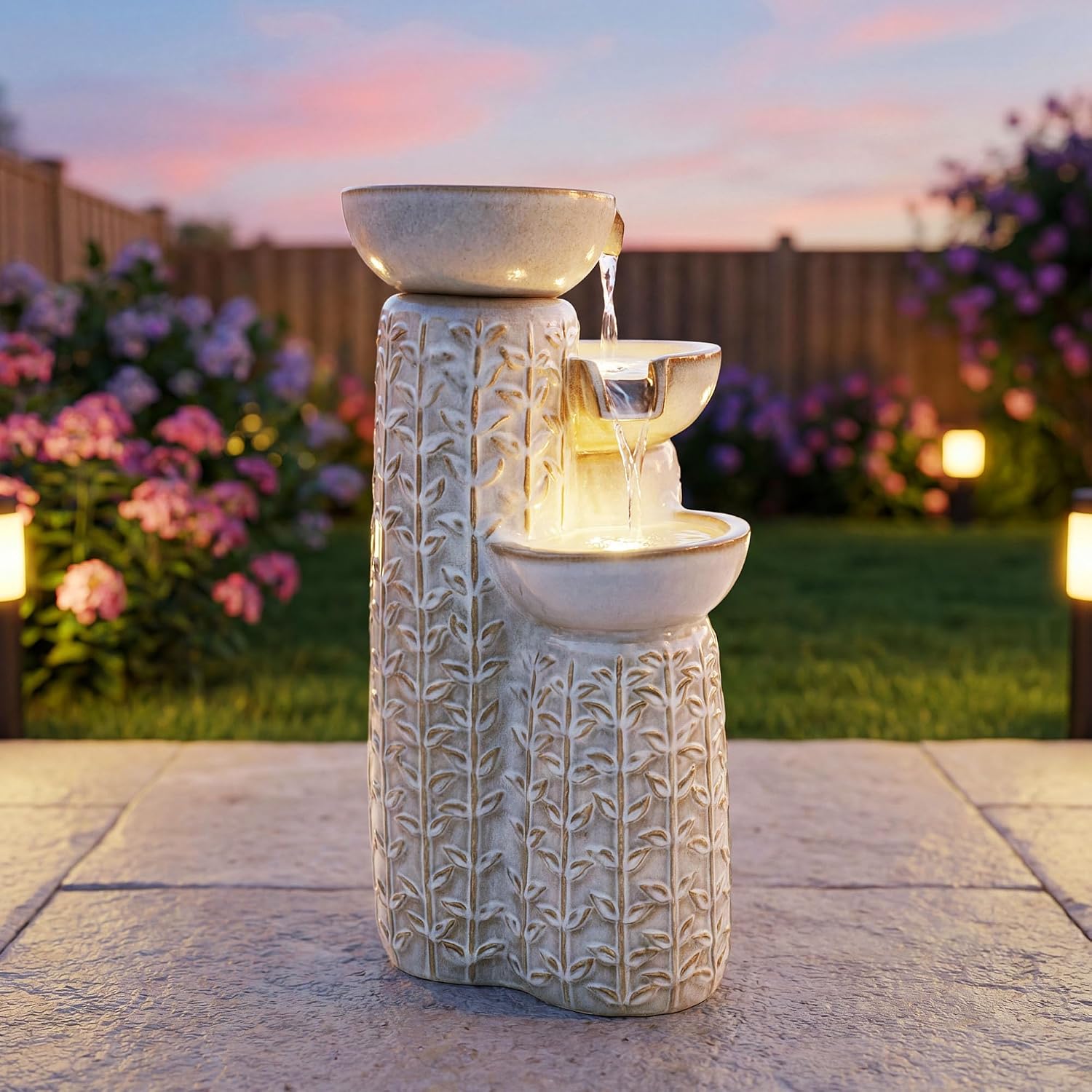 28' H Ceramic Outdoor Water Fountain with LED Lights, 3-Tier Cascading Bowls Water Feature, Tranquil Waterfall for Relaxing Garden, Patio, Yard, or Porch, Beige Glaze, Embossed Leaf Patterns