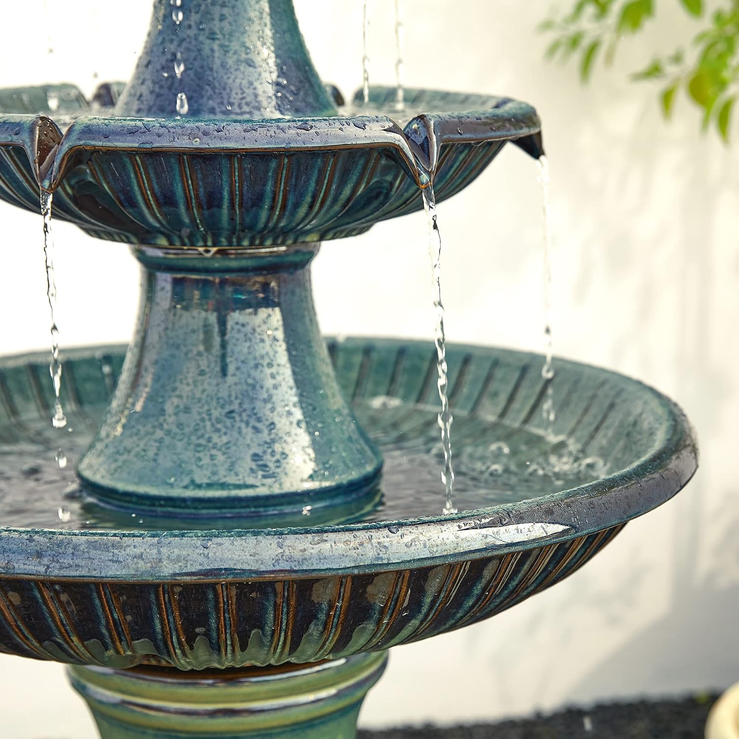 Glitzhome Water Fountain Outdoor Floor-Stand Fountain with LED Light & Pump, Oversized 3 Tier Ceramic Turquoise Waterfall Patio Fountains and Waterfalls Outdoor Yard Fountains for Lawn Garden Backyard