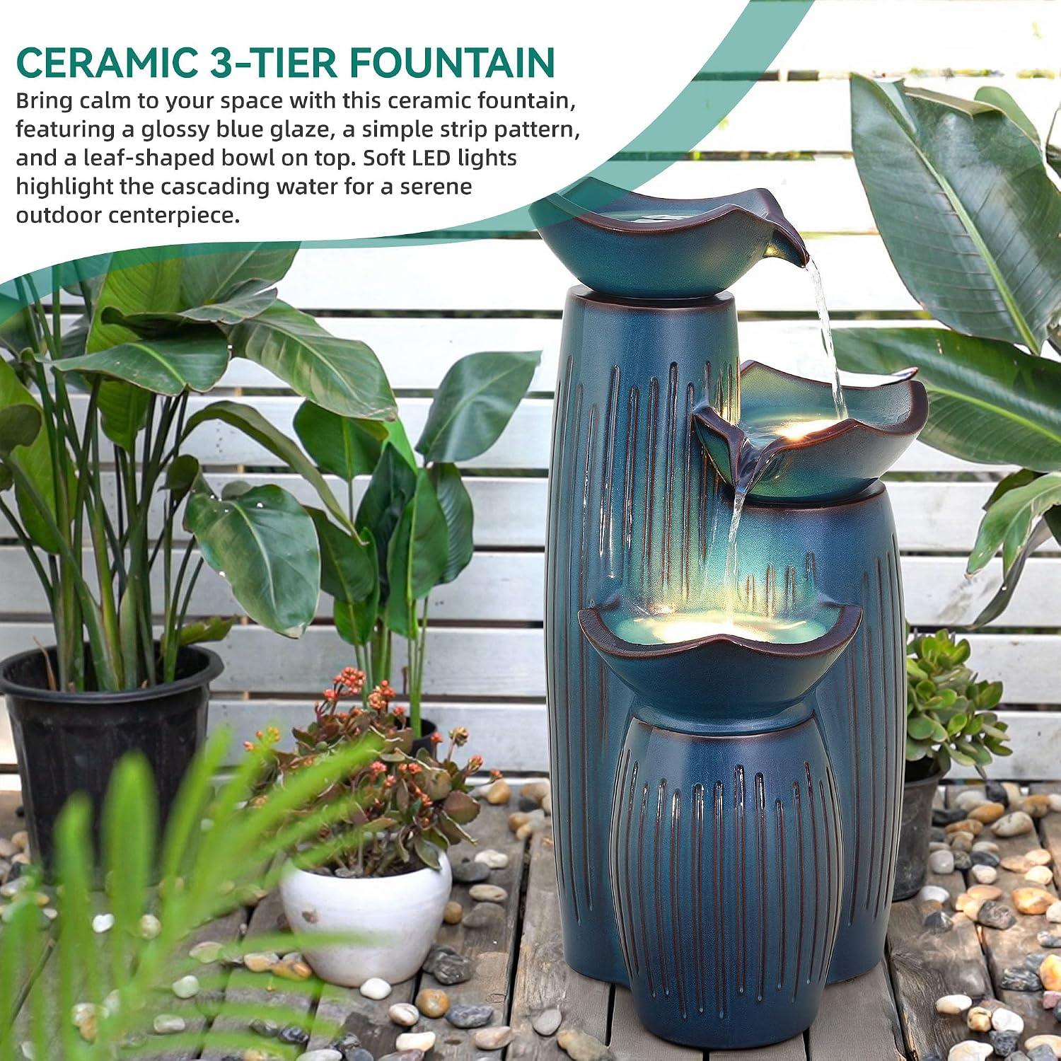 30' H Ceramic Outdoor Water Fountain with LED Lights, 3-Tier Cascading Lotus Bowls Water Feature, Tranquil Waterfall for Relaxing Garden, Patio, Yard, Turquoise, Vertical Striped Texture