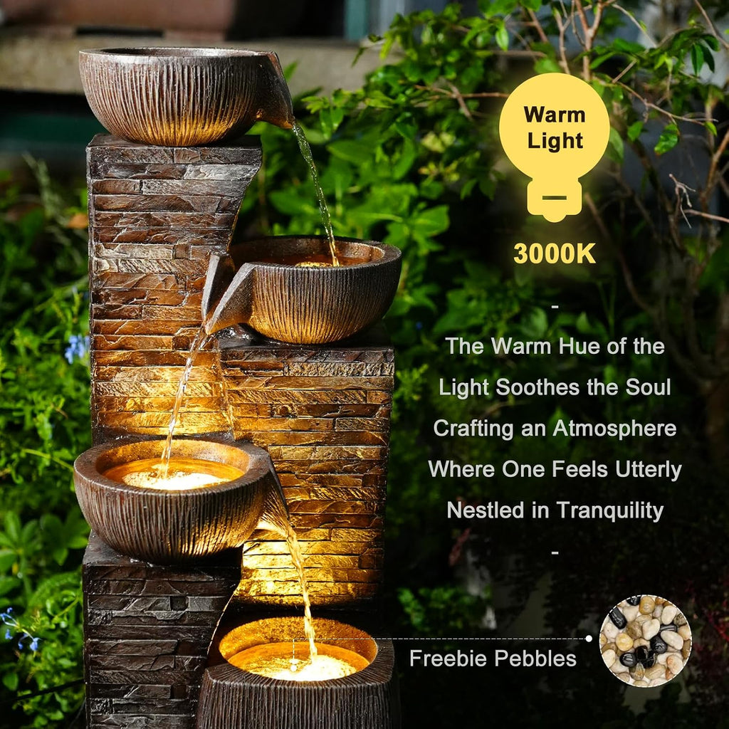 38.2' Tall Outdoor Water Fountain,Stone Texture Modern 4 Tiers Cascading Bowls Garden Fountains Outdoor,Suit for Patio, Deck, Porch, Lawns, Backyard and Home Art Decor