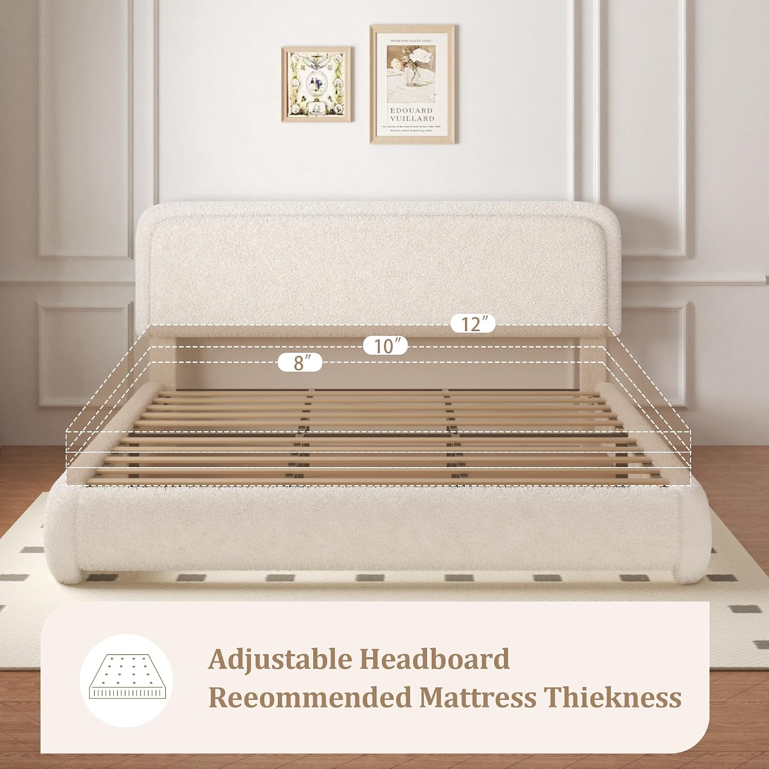 Queen Size Boucle Bed Frame with Adjustable Headboard, Upholstered Cloud Platform Bed, Anti-Collision Soft Rounded Corners, No Box Spring Needed, Easy Assembly, Noise Free, Beige