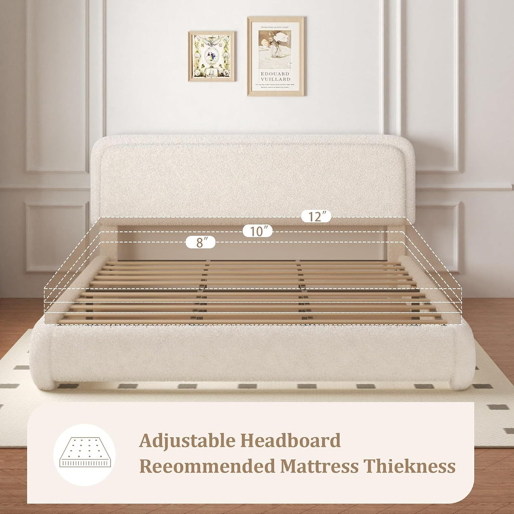 King Size Boucle Bed Frame with Adjustable Headboard, Upholstered Cloud Platform Bed, Anti-Collision Soft Rounded Corners, Noise Free, No Box Spring Needed, Easy Assembly, Beige