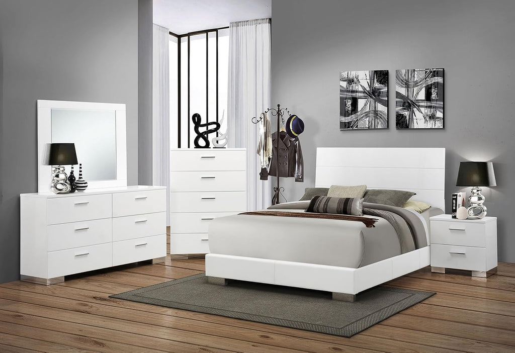 Coaster Home Furnishings Felicity Contemporary 5-Piece Bedroom Set Queen Size Panel Bed Frame 51-inch Headboard White High Gloss 203501Q-S5