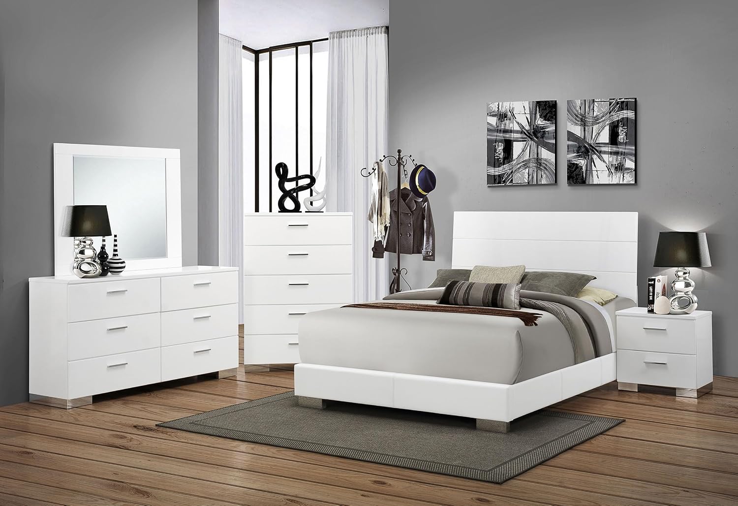 Coaster Home Furnishings Felicity Contemporary 5-Piece Bedroom Set Queen Size Panel Bed Frame 51-inch Headboard White High Gloss 203501Q-S5