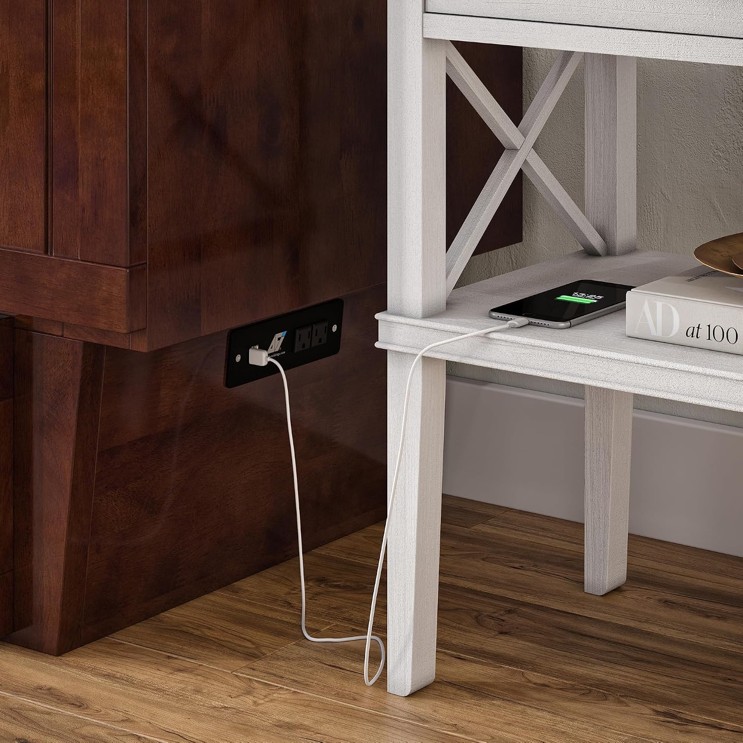 AFI, Nantucket Twin Murphy Bed Chest with Mattress, Storage Drawer, and Built-in USB Charger, Walnut
