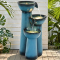 27' Outdoor Water Fountain with LED Lights, 3-Tier Cascading Faux Ceramic Column Water Feature with Pump for Garden Patio Backyard, Weather-Resistant Resin Waterfall for Serene Oasis, Blue