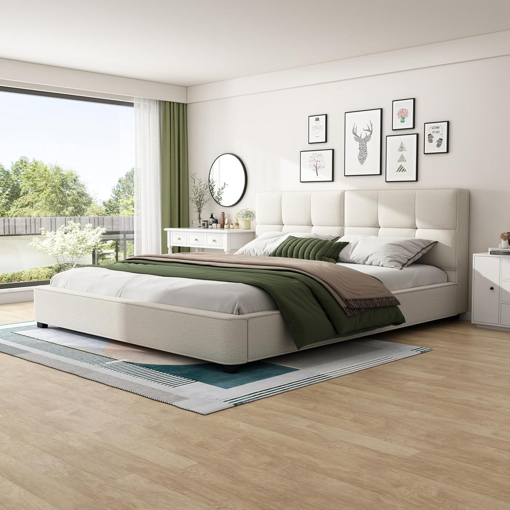 JIVOIT King Size Platform Bed, Boucle Upholstered Platform Bed with Curved Tufted Headboard, Soft Square Corners, Wood Slats Support, No Box Spring Needed