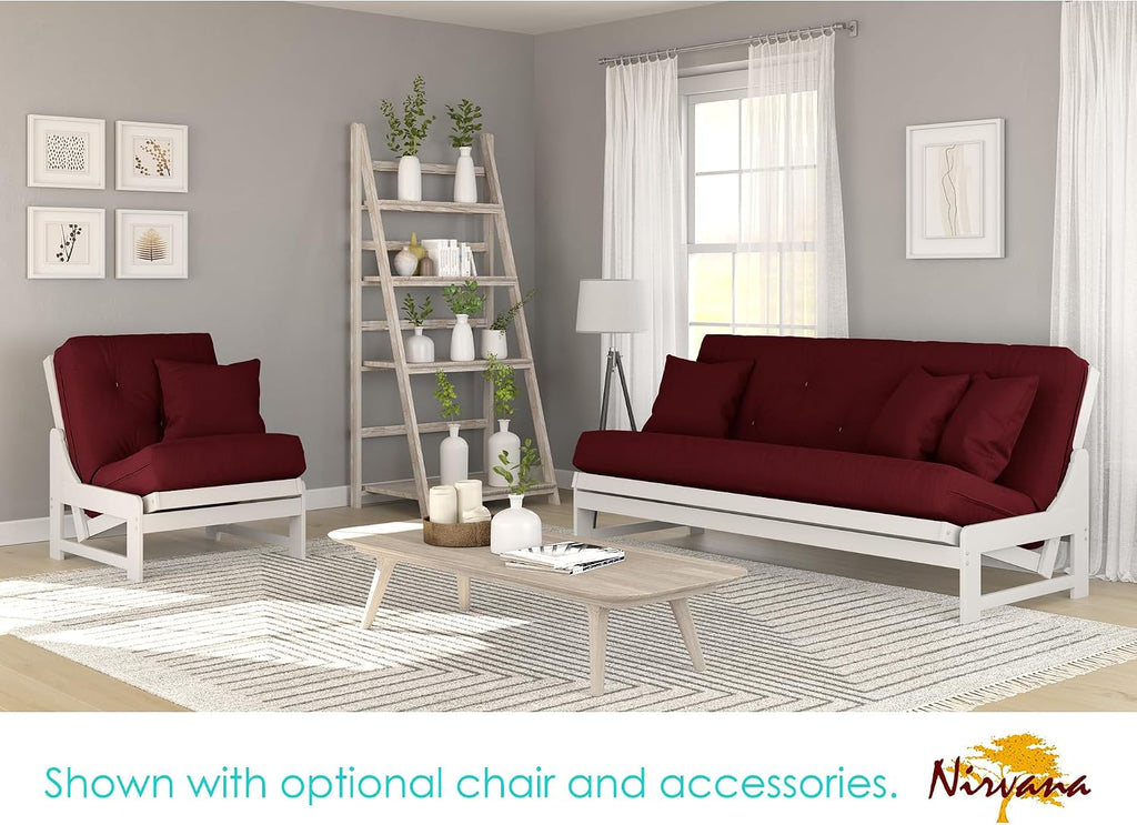 Nirvana Futons Arden White Futon Set Queen Size - Armless Futon Frame with Mattress Included (Twill Burgundy), Space Saving Modern Sofa Bed Sleeper