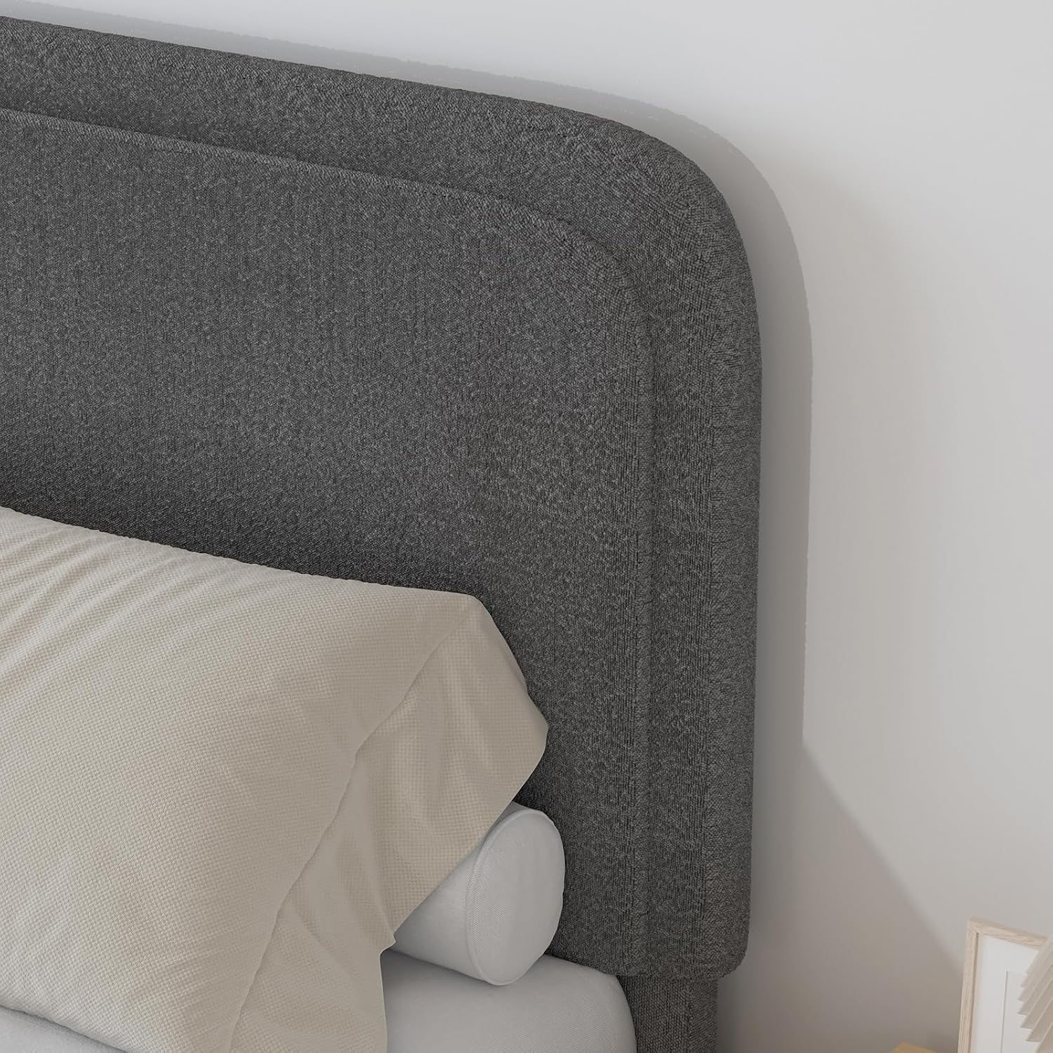 BarnFurin Queen Size Bed Frame, Boucle Upholstered Platform Bed Frame with Headboard, Soft Rounded Corners, No Box Spring Required, Non-Slip and Noise-Free, Easy Assembly, Dark Grey