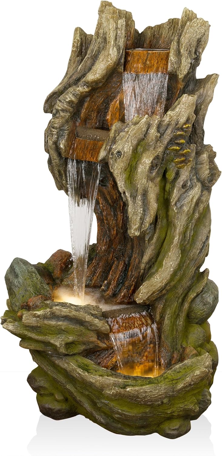 Alpine Corporation WIN1642 61' 3-Tier Log Water Fountain with Warm White LED Lights, Cascading Waterfall for Garden, Patio, & Lawn, Outdoor Water Feature