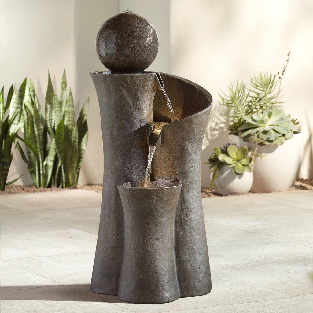 Sphere Curve 39 1/2' High Large Modern Zen Indoor Outdoor Decor Faux Stone Floor Fountain with Light LED Waterfall Cascading Water Feature for Outside Garden Patio Yard Backyard - John Timberland