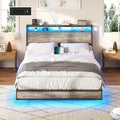 AMERLIFE Full Size Floating Bed Frame with 2-Tier Storage Headboard, Metal Bed Frame with Charging Station & LED Lights, No Box Spring Needed, Rustic Grey