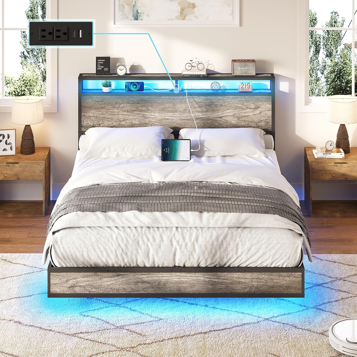 AMERLIFE Full Size Floating Bed Frame with 2-Tier Storage Headboard, Metal Bed Frame with Charging Station & LED Lights, No Box Spring Needed, Rustic Grey