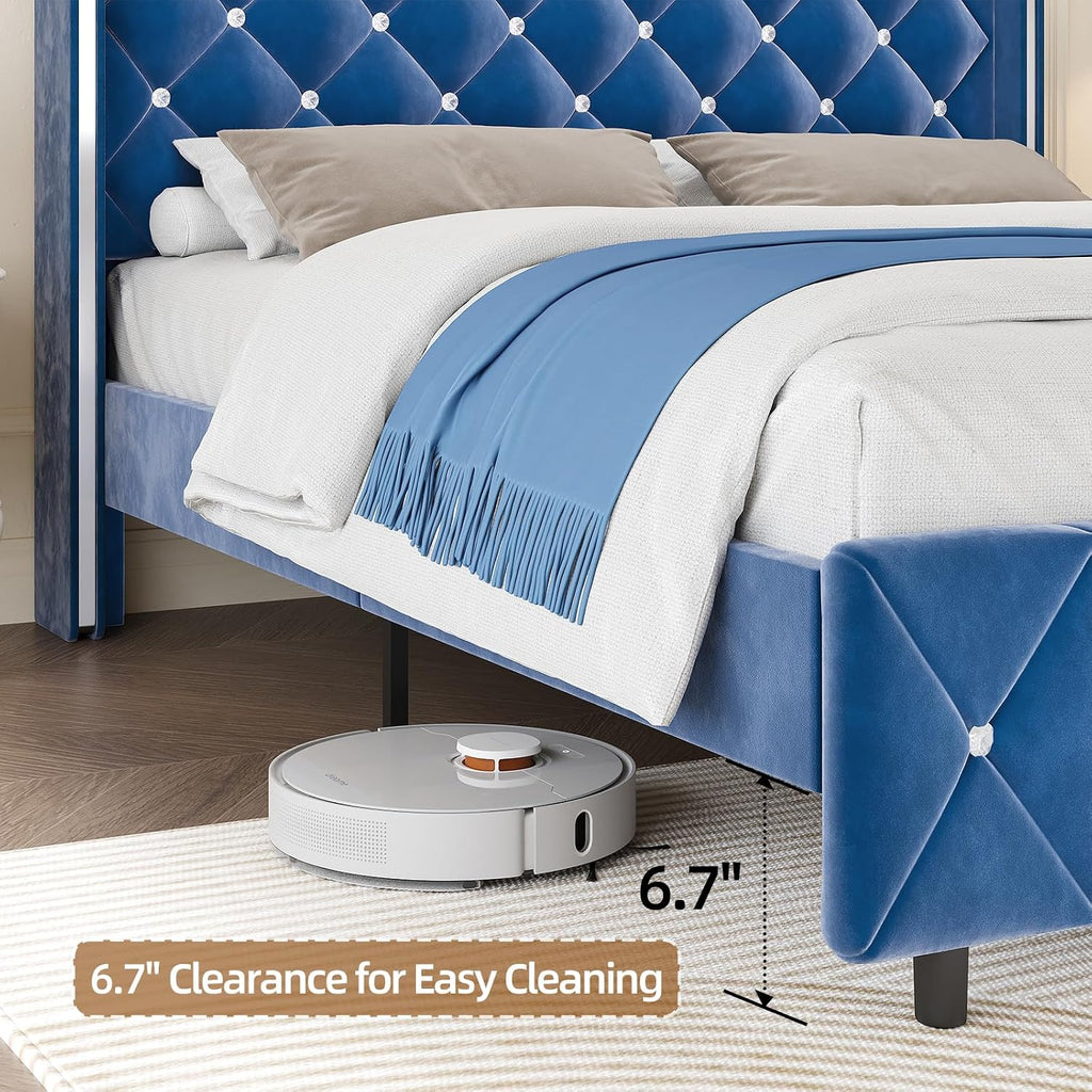 HOMBCK Twin Bed Frames, Upholstered Platform Bed with Diamond Tufted Headboard, Modern Velvet Bed Frame with Wingback Design, No Box Spring Needed, Easy Assembly, Blue