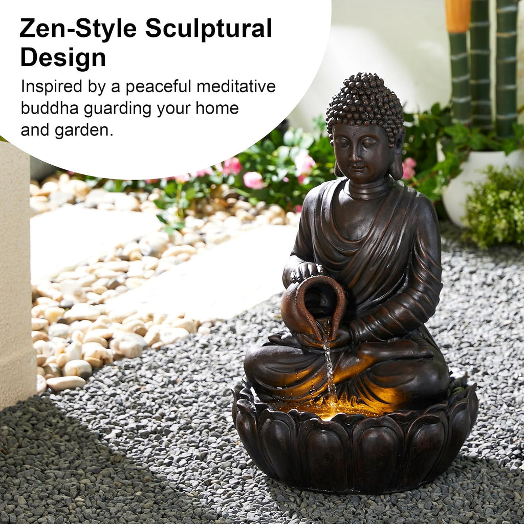 Glitzhome Buddha Fountain Outdoor 2 Tier Zen Style Buddha Water Fountains with Pump & LED Light, Buddha Fountains and Waterfalls Outdoor Floor Fountain Buddha Statues for Garden Patio Backyard 20.5'H