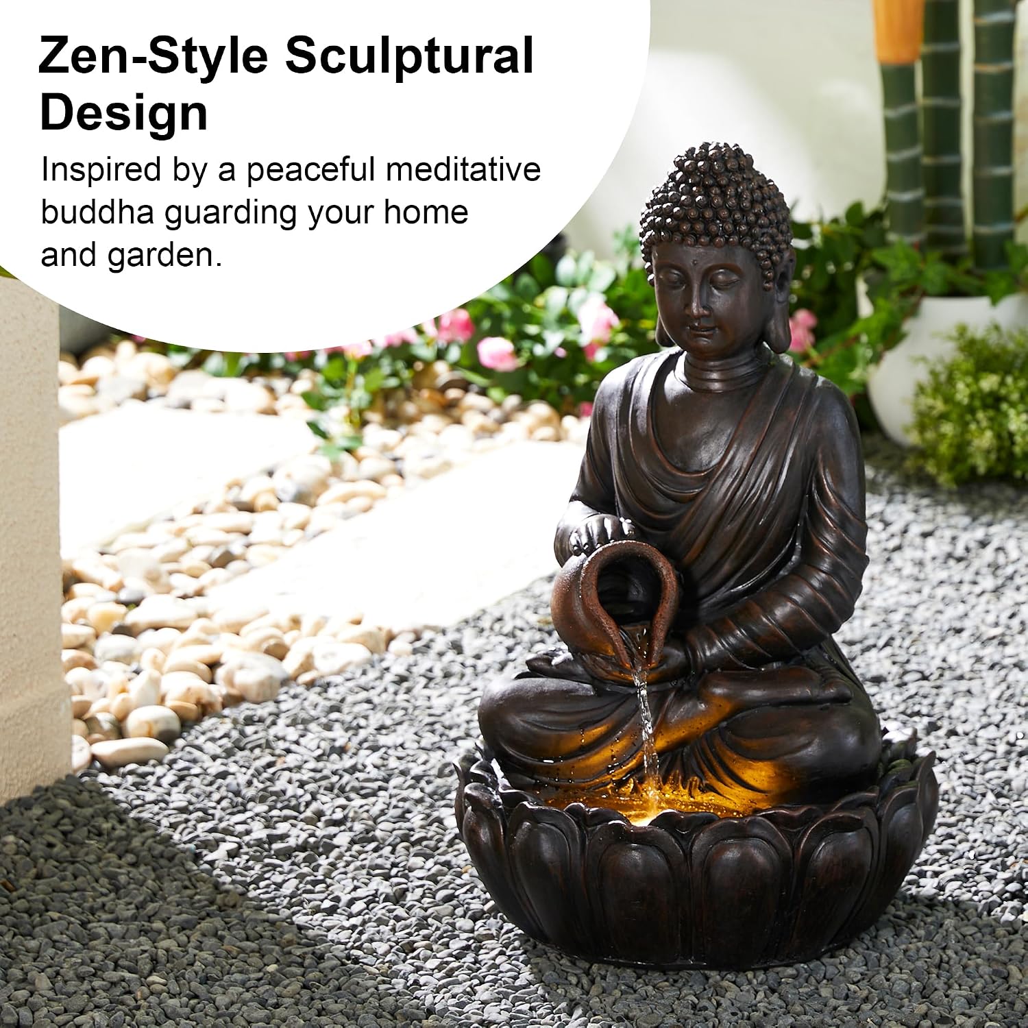 Glitzhome Buddha Fountain Outdoor 2 Tier Zen Style Buddha Water Fountains with Pump & LED Light, Buddha Fountains and Waterfalls Outdoor Floor Fountain Buddha Statues for Garden Patio Backyard 20.5'H