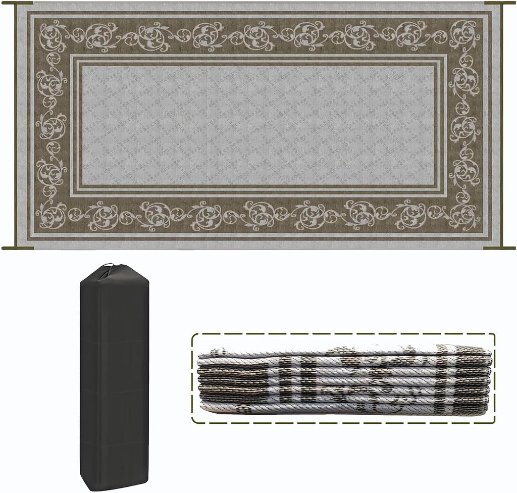 EEZ RV Products 9ft x 18ft Heavy Duty Reversible/Durable Outdoor Patio/RVing Camping Mats Come with Large Storage Bag & 6 Sets of Stakes and Washer, Vine Brown