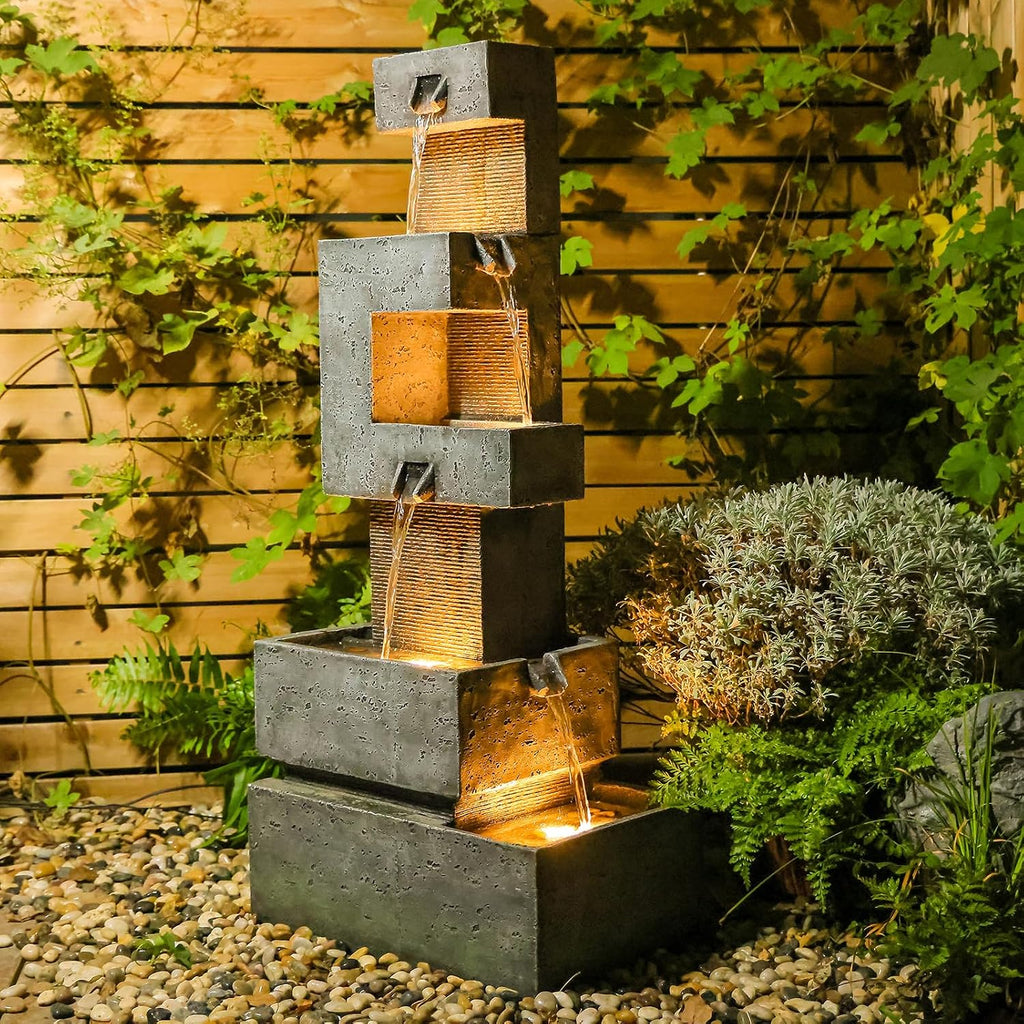 Sunlinua 48.4' H Outdoor Water Fountain with 4 Tiers Cascading Realistic Rock Waterfall Fountains with LED Lights Outdoor Water Fountain for Garden Patio Backyard Porch Home Decor