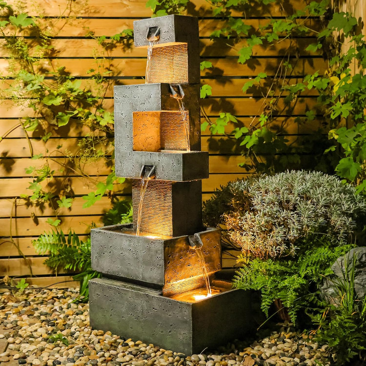 Sunlinua 48.4' H Outdoor Water Fountain with 4 Tiers Cascading Realistic Rock Waterfall Fountains with LED Lights Outdoor Water Fountain for Garden Patio Backyard Porch Home Decor