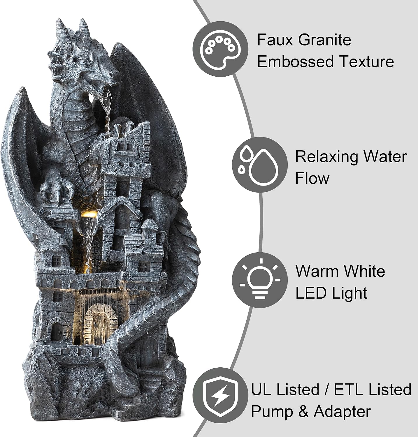 Glitzhome 37'H 4 Tiers Resin Waterfalls Water Fountain, Mystical Gothic Dragon Perched Atop The Castle Sculptural with Pump & LED Light Indoor Outdoor Floor Fountain for Garden Patio Backyard Decking
