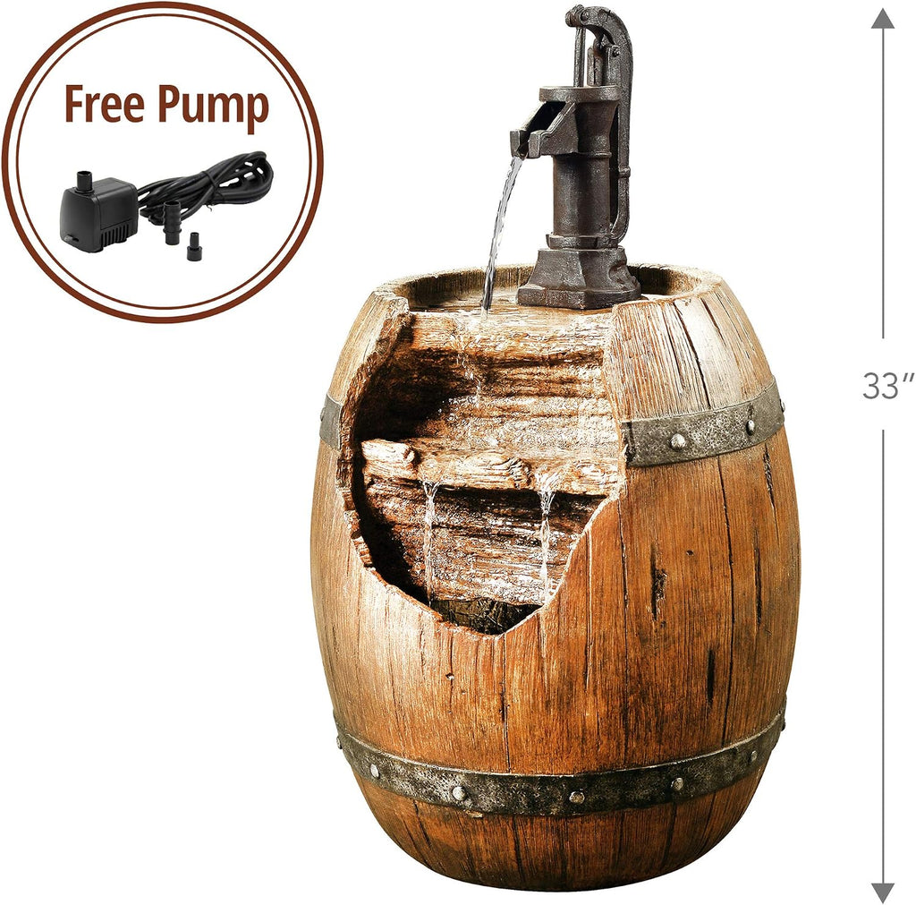 Teamson Home Vintage Barrel Waterfall Fountain with Pump for Outdoor Patio Garden Backyard Decking, 33 Inch Height, Wood