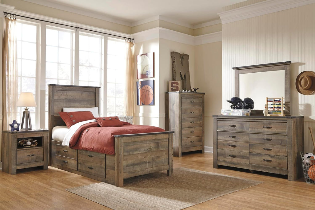 Signature Design by Ashley Trinell Rustic 5 Drawer Chest of Drawers with Nailhead Trim, Warm Brown