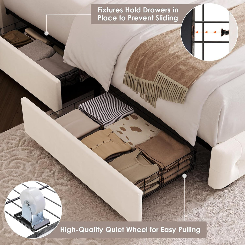 HIFIT Upholstered LED Bed Frame Queen Size with Charging Station and 4 Storage Drawers, Velvet Button Tufted Queen Platform Bed with Adjustable Headboard, No Box Spring Needed, Easy Assembly, Beige