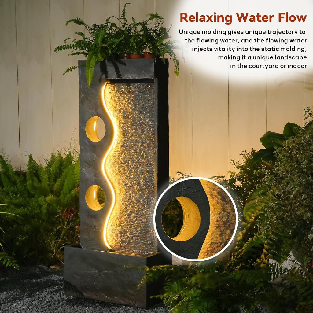 46.8' H Water Fountain Outdoor Water Fall Fountains Indoor Waterfall Modern Fountain with LED Lights Floor-Standing for Outside Garden, Patio, Backyard, Deck, Porch, Landscaping, Balconies