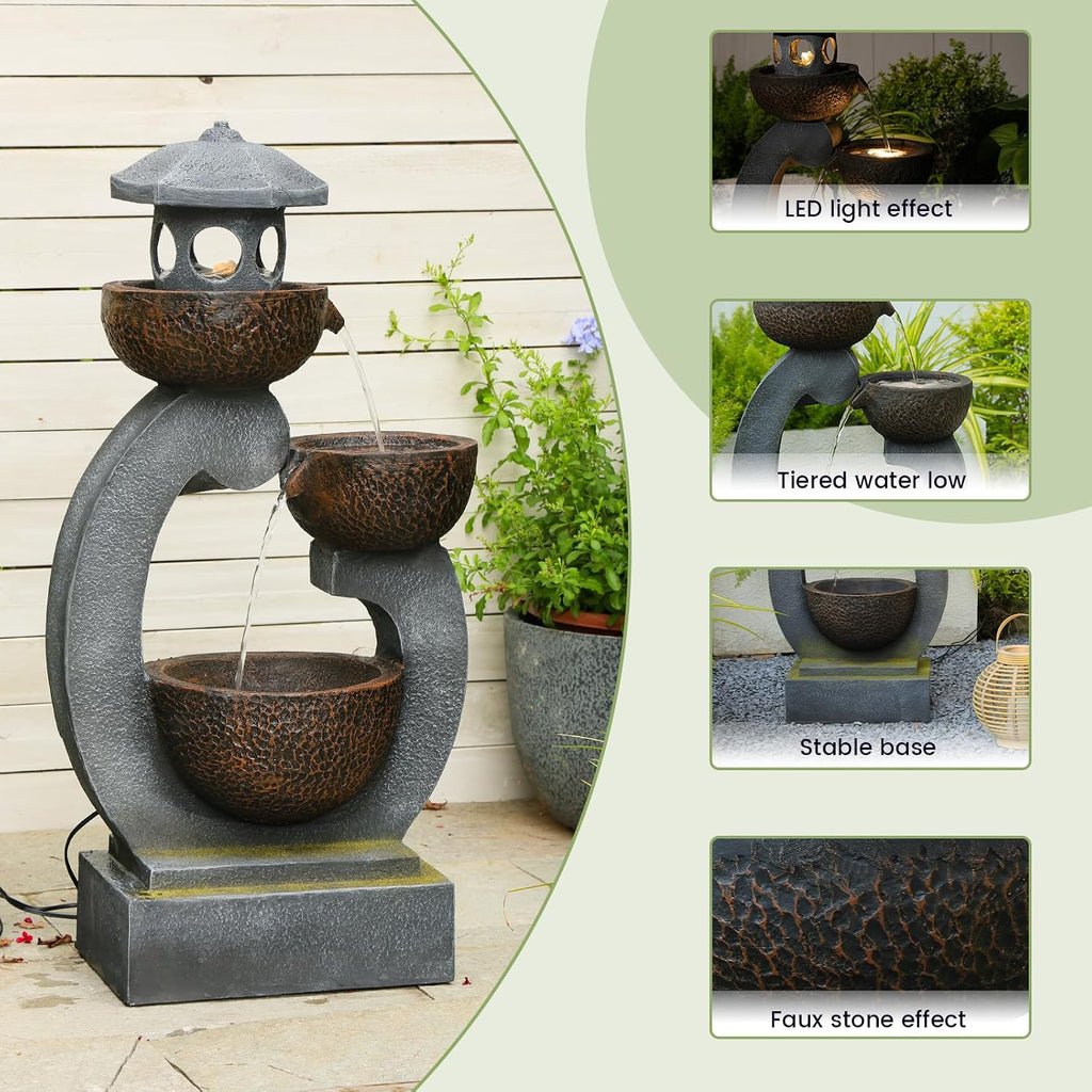 Outdoor Water Fountain with LED Lights, 3-Tier Zen Garden Fountain for Patio, Yard & Porch Decor – Durable Resin Waterfall Feature with Modern Japanese-Style Design, 35' Tall