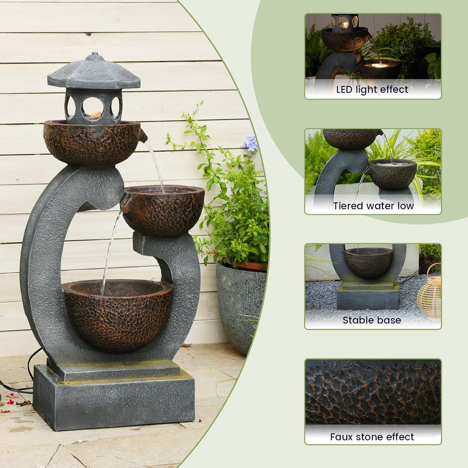 Outdoor Water Fountain with LED Lights, 3-Tier Zen Garden Fountain for Patio, Yard & Porch Decor – Durable Resin Waterfall Feature with Modern Japanese-Style Design, 35' Tall